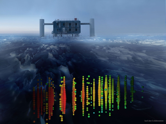 <strong>The IceCube Neutrino Observatory</strong> facility sits at the South Pole above an array of thousands of photodetectors. The sensors are deployed on strings of 60 modules each at depths between 4,750 to 8,040 feet into holes melted in the ice using a hot water drill. IceCube is designed to look for point sources of nearly-invisible, high-energy neutrino particles. Courtesy IceCube Collaboration, U. Wisconsin, National Science Foundation.