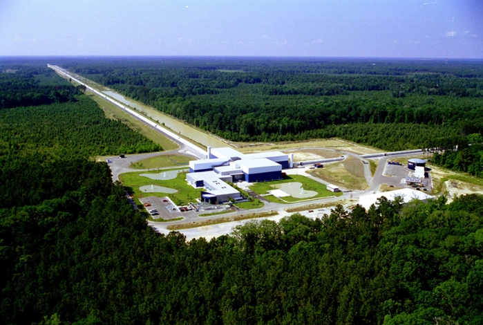 <strong>Ripples in space-time.</strong> LIGO’s multi-kilometer-scale gravitational wave detectors use laser interferometry to measure the minute ripples in space-time caused by passing gravitational waves from cataclysmic cosmic sources such as the mergers of pairs of neutron stars or black holes, or by supernovae. Courtesy Caltech/MIT/LIGO Lab.