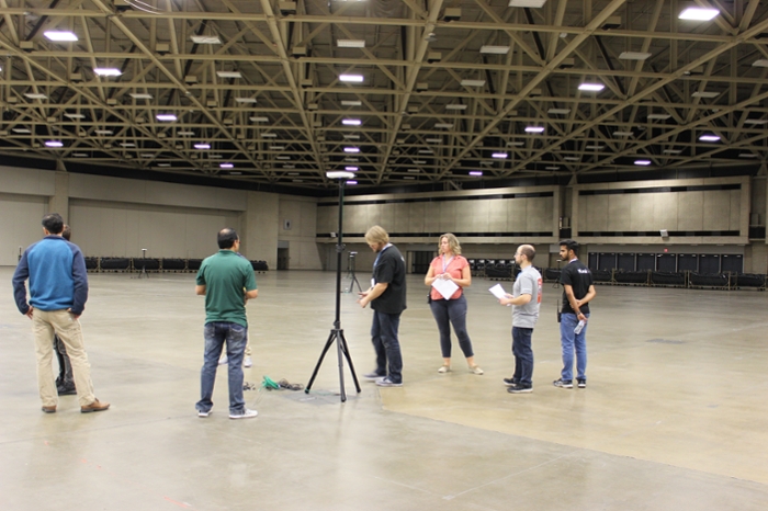 <strong>Complete coverage.</strong> Loren Adams and other members of the SCinet wireless team installed more than 300 wireless access points, providing coverage across 1 million square feet of exhibit space in the Kay Bailey Hutchison Convention Center Dallas. Courtesy WINS.