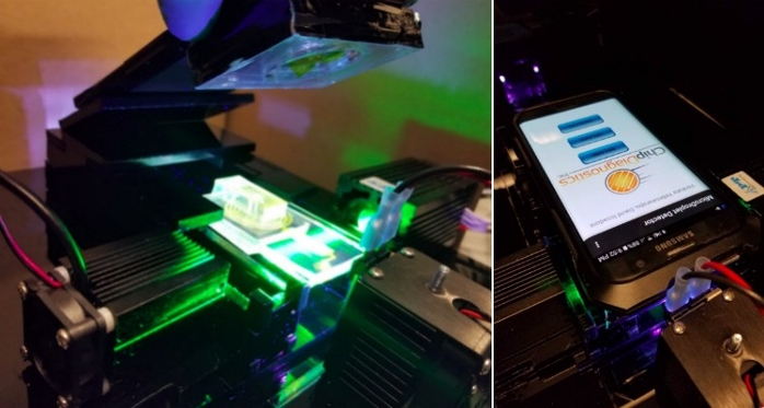 <strong>A new detection system</strong> uses a cellphone camera to capture video of microdroplets as they pass by the lens. Fluorescent markers can be individually identified by matching them with the unique strobing light pattern they are illuminated by. Courtesy University of Pennsylvania.