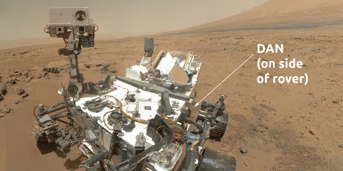 <strong>Did Mars ever support microbial life?</strong> The DAN tool on the back of the Mars Curiosity Rover measures hydrogen in Mars’ soil, which could indicate the presence of water—and the means to support life. Courtesy NASA.