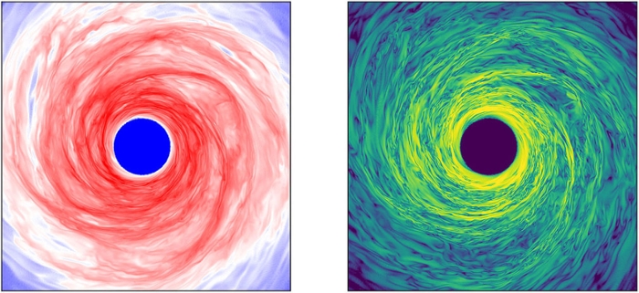 <strong>The spiral density wave</strong> in a 0.13 solar mass protoplanetary disk around a solar mass star (left). The spiral density wave efficiently amplifies magnetic fields (right) in its neighborhood. Courtesy Hongping Deng. 