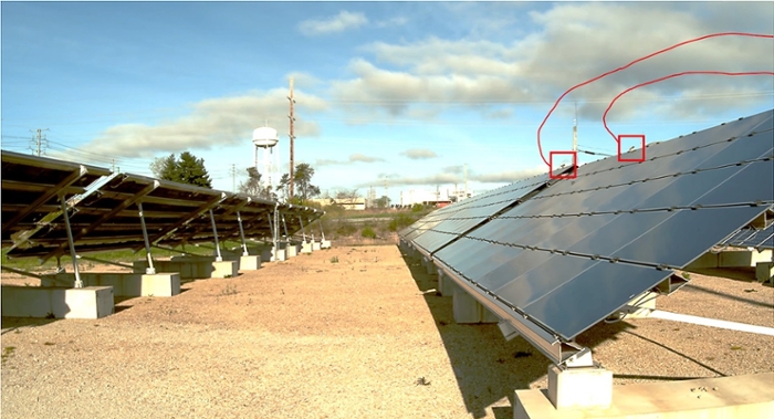 <strong>Flight paths.</strong> Red boxes indicate birds spotted at Argonne’s solar facility. Flight paths prior to perching are shown with red lines. Courtesy Argonne National Laboratory. 
