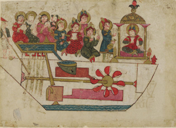 <strong>This is a design of the floating musical band</strong> that Al-Jazari created. Although this machine looks nothing like a modern robot, its ability to be programmed to play different songs deserves recognition.